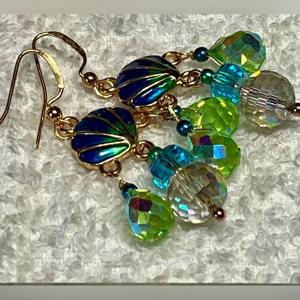 Gold, Green and Blue Shell Dangle Earrings - Picture 7 of 12